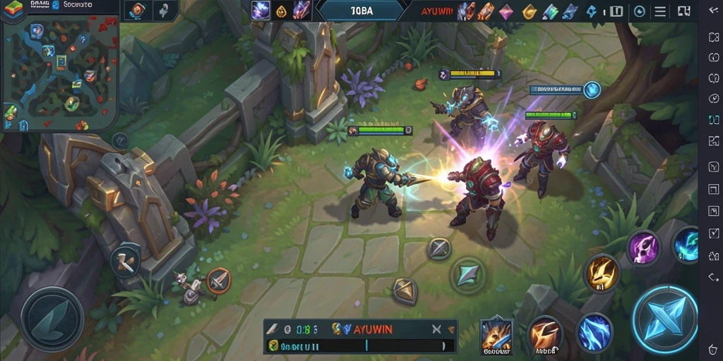 Tangkapan layar gameplay seru AYUWIN yang menunjukkan pertarungan strategis.