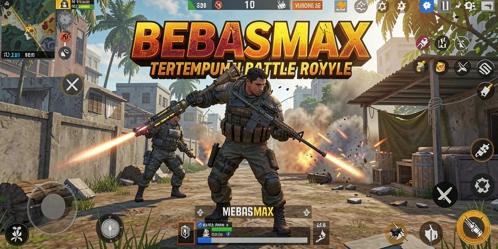 Screenshot BEBASMAX menunjukkan intensitas pertempuran dalam game Battle Royale.