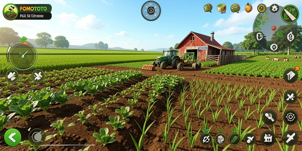 Tampilan menarik dari gameplay FOMOTOTO dengan aktivitas pertanian yang seru.