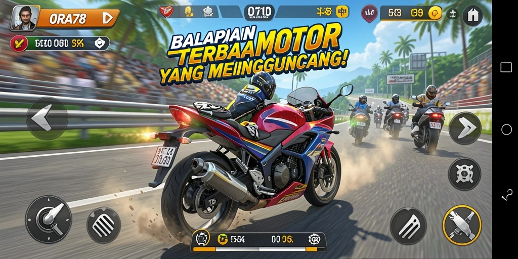 Tampilan gameplay ORA78 dengan aksi balap motor yang mendebarkan.