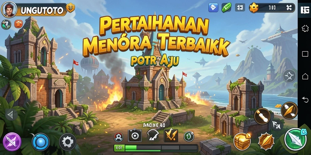 Screenshot utama UNGUTOTO menampilkan pertempuran Tower Defense yang seru.